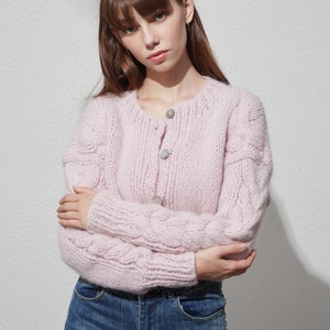 Hand knit woman sweater Mohair cable knit short cropped cardigan button front cardigan Pink