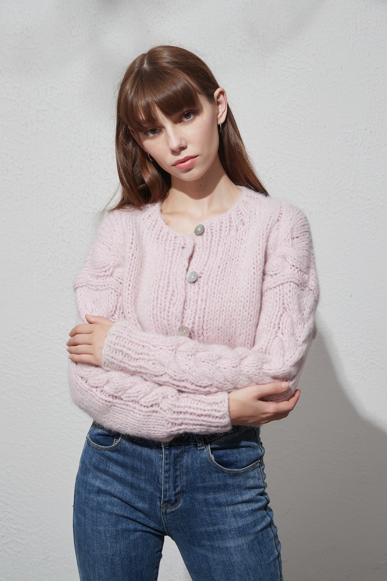 Hand knit woman sweater Mohair cable knit short cropped cardigan button front cardigan Pink