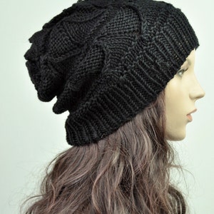 Hand knit woman hat wool Hat Black hat Beanie image 3