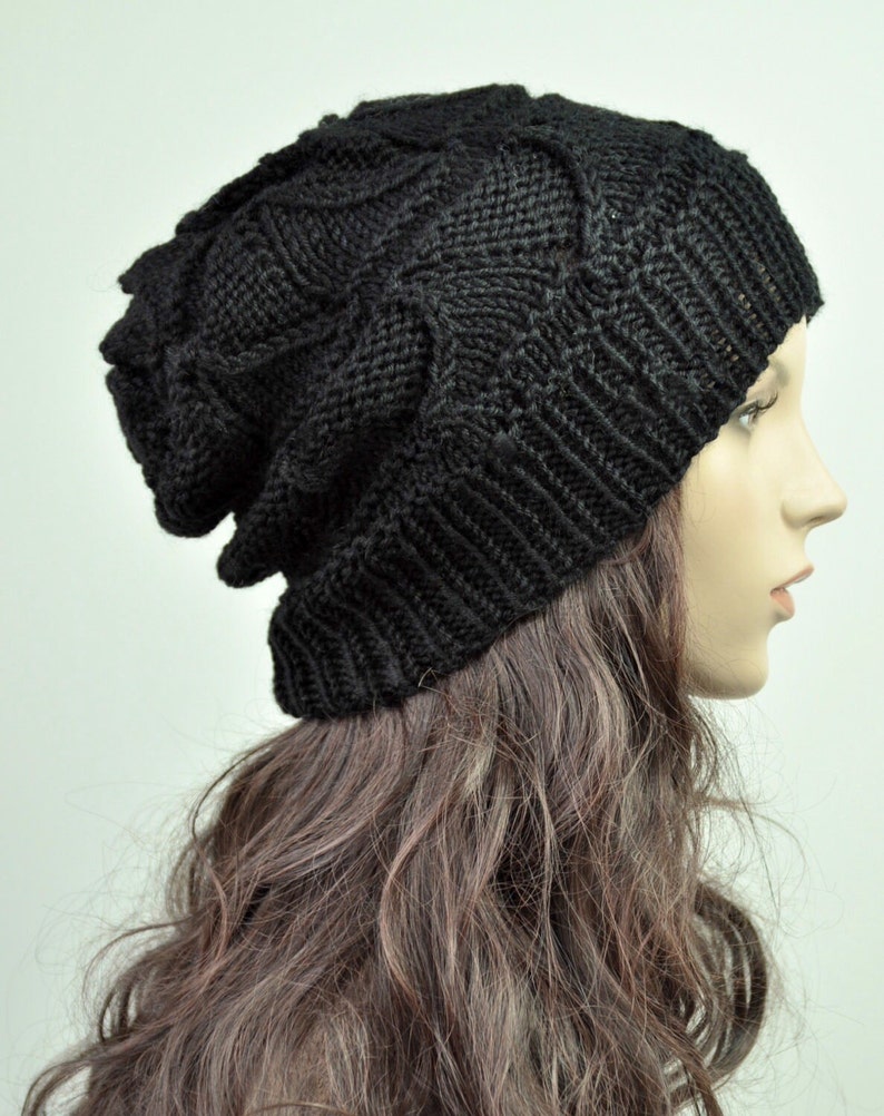 Hand knit woman hat wool Hat Black hat Beanie image 3