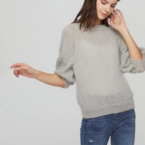 Hand knit woman sweater mohair Light weight short pullover sweater puff sleeve sweater top light grey