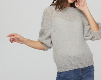 Hand knit woman sweater mohair Light weight short pullover sweater puff sleeve sweater top light grey