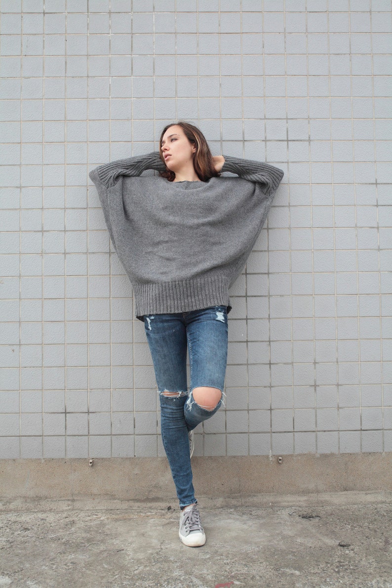 OVERSIZED Woman sweater Knit sweater kimono sleeve charcoal grey pullover wool sweater