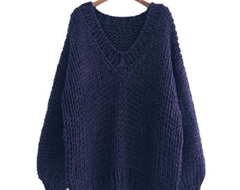 Hand knit WOOL oversize woman sweater V-neck slouchy sweater