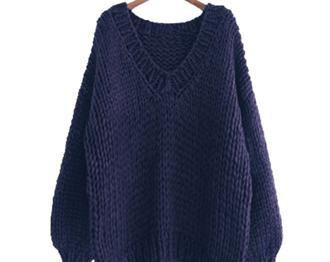 Hand knit WOOL oversize woman sweater V-neck slouchy sweater