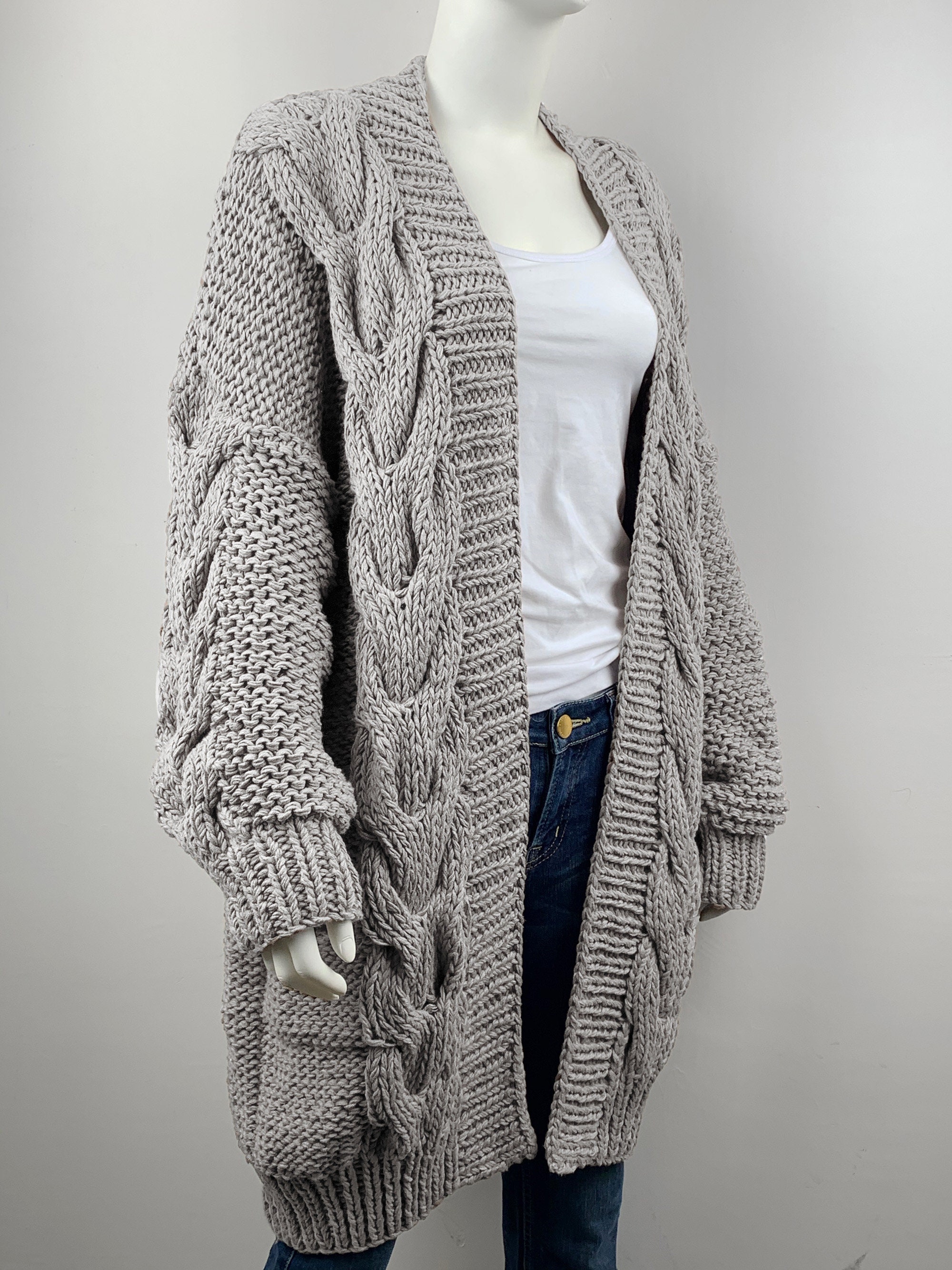 Hand Knit Oversize Woman Sweater Chunky Slouchy Eco Cotton Long Cable Knit  Cardigan - Etsy