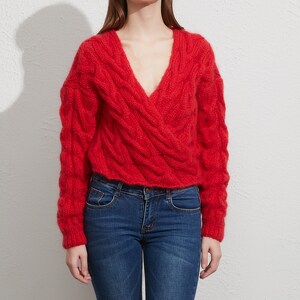 Hand knit oversize woman sweater Cross front knit pullover mohair red sweater image 6