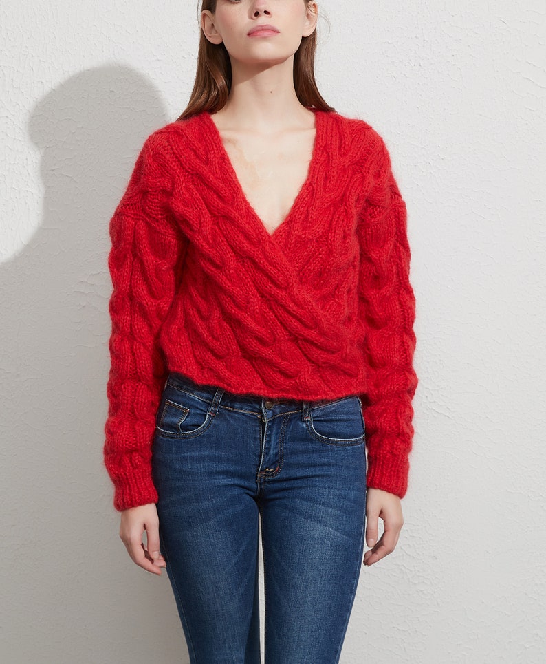 Hand knit oversize woman sweater Cross front knit pullover mohair red sweater image 6