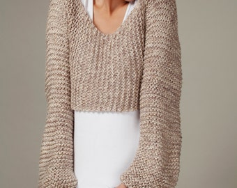 Hand knit sweater woman sweater pullover cropped top sweater wheat cover up top cotton sweater