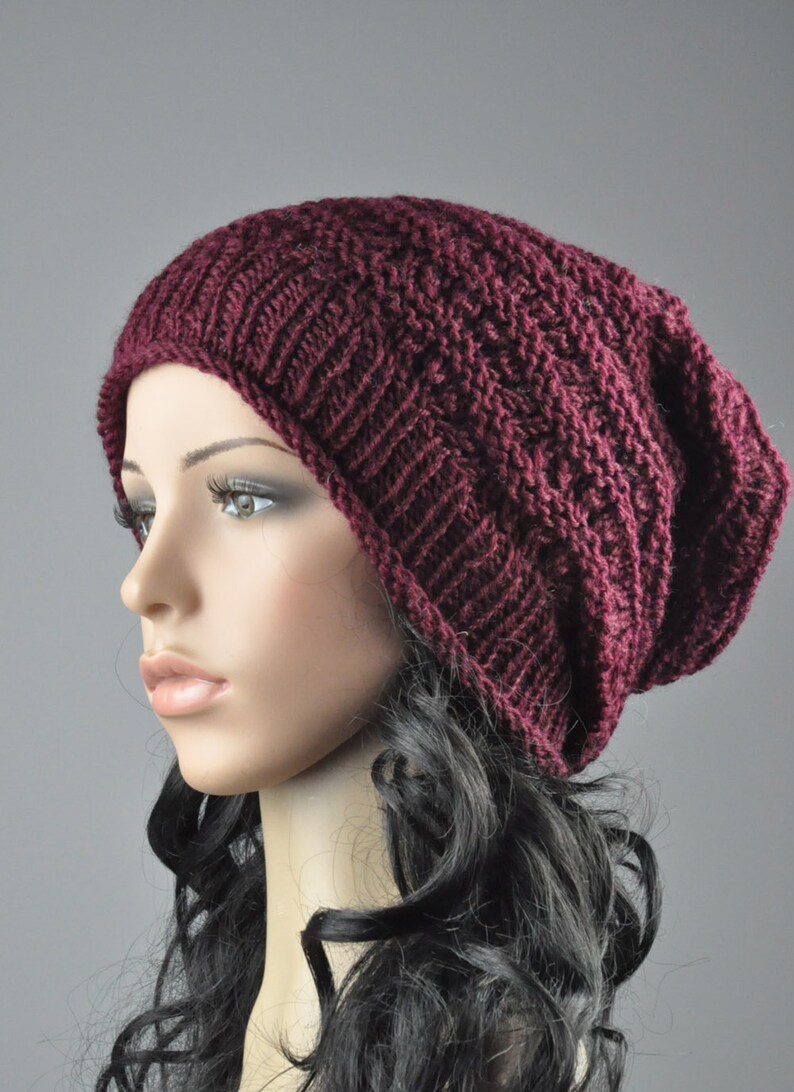 Burgundy Chunky Hat weaving pattern slouchy hat wool hat image 4