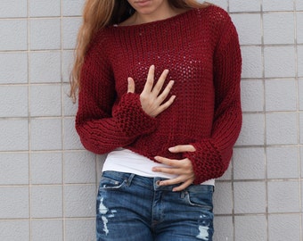 Hand knit woman cotton sweater cropped top cover up loose weave burgundy wine