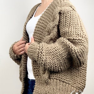 Hand knit oversize woman sweater chunky slouchy khaki wool cable knit cardigan