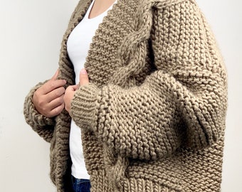 Hand knit oversize woman sweater chunky slouchy khaki wool cable knit cardigan