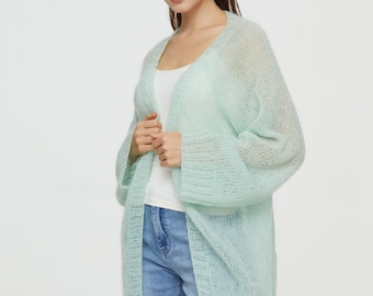 Hand knit oversize woman sweater Mohair sweater cardigan aqua