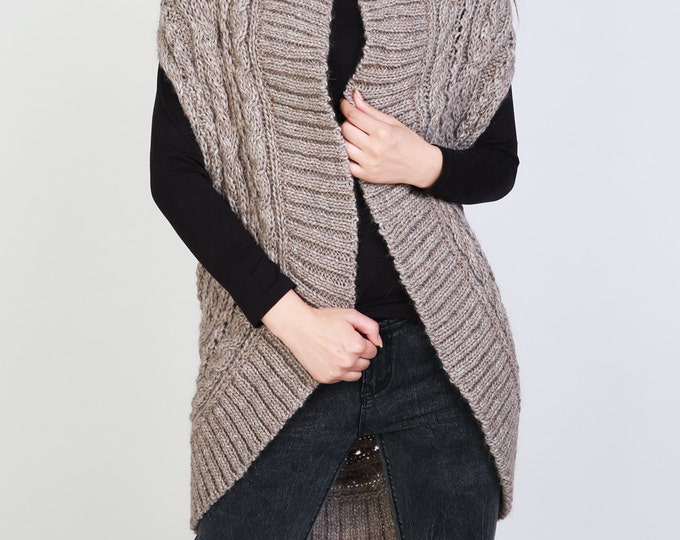 Hand knit long vest sweater Wool cardigan Taupe woman sweater