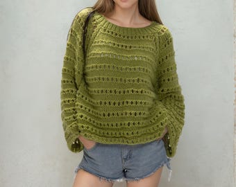 Hand Knit Mohair Oversized Crop Sweater - Wasabi Green