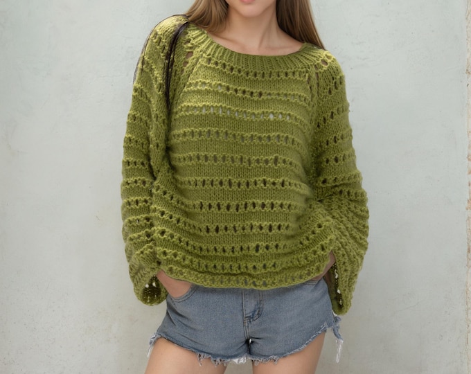 Hand knit woman sweater OVERSIZED mohair sweater top pullover Aqua sweater