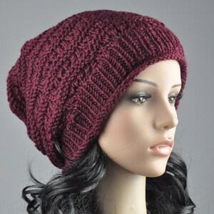 Burgundy Chunky Hat weaving pattern slouchy hat wool hat image 3