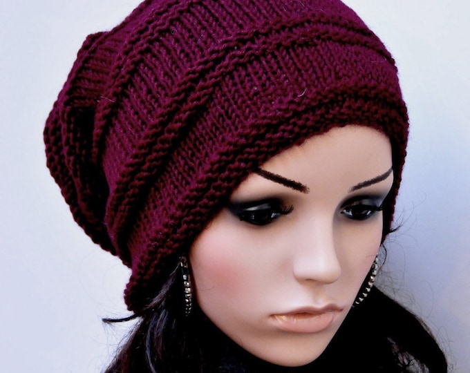 Hand knit woman hat slouchy Wool Hat wine burgundy hat