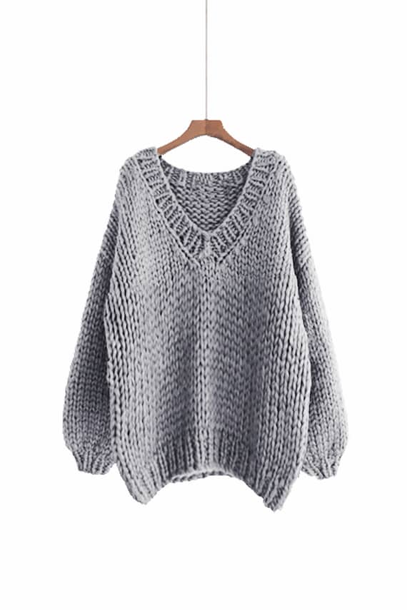 Hand Knit WOOL Oversize Woman Pullover Sweater V-neck Slouchy Dark