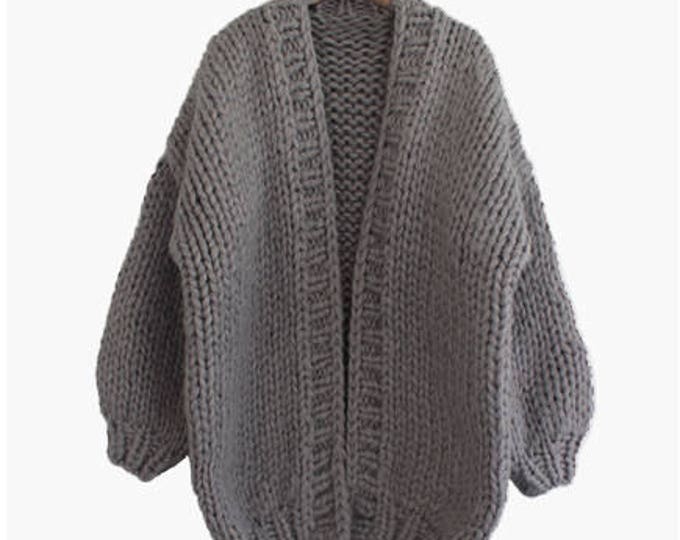 Hand knit oversize woman sweater chunky slouchy charcoal cardigan