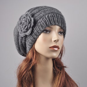 Hand Knit woman winter wool Hat Oversized Beret Hat with crochet flower Charcoal/ dark grey Charcoal