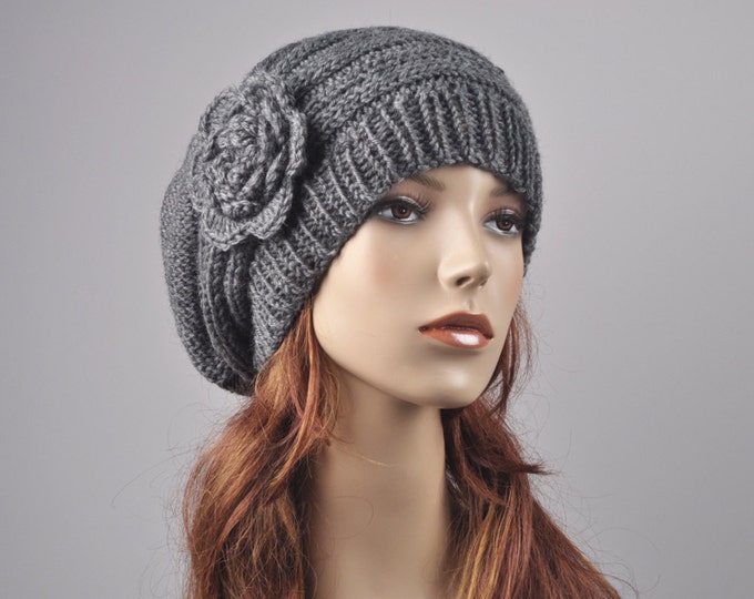 Hand Knit woman winter wool Hat - Oversized Beret Hat with crochet flower Charcoal/ dark grey