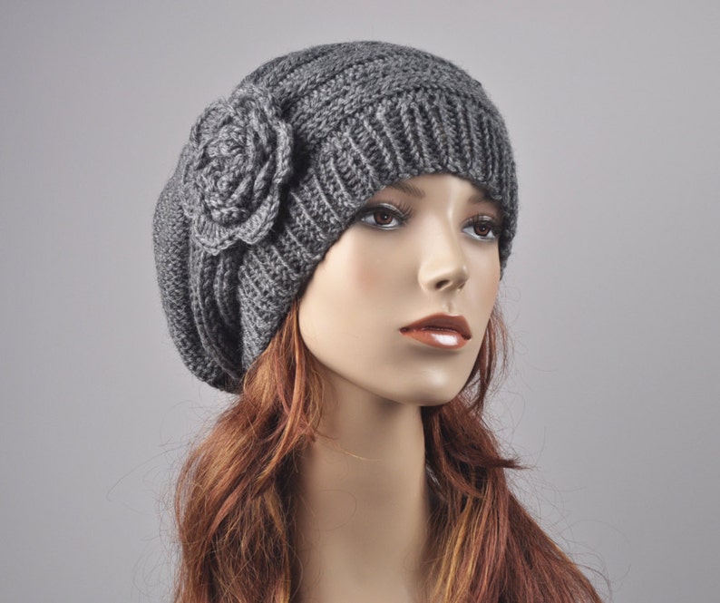 Hand Knit woman winter wool Hat Oversized Beret Hat with crochet flower Charcoal/ dark grey Charcoal