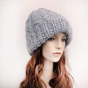 Hand knit woman man unisex hat - Oversized Chunky Wool Hat, slouchy hat grey hat