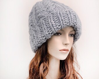 Hand Knit Merino Wool Slouchy Hat - Oversized Chunky Grey Beanie