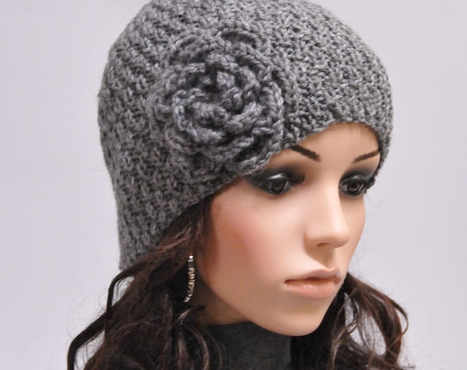 Hand knit hat - charcoal beanie hat with crochet flower