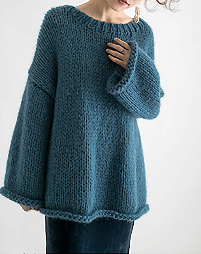 Hand knit woman sweater OVERSIZED mohair sweater top pullover Foggy Blue sweater image 1