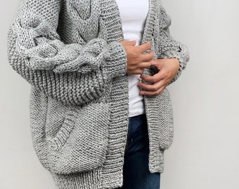 Hand knit oversize woman sweater chunky slouchy grey wool cable knit cardigan