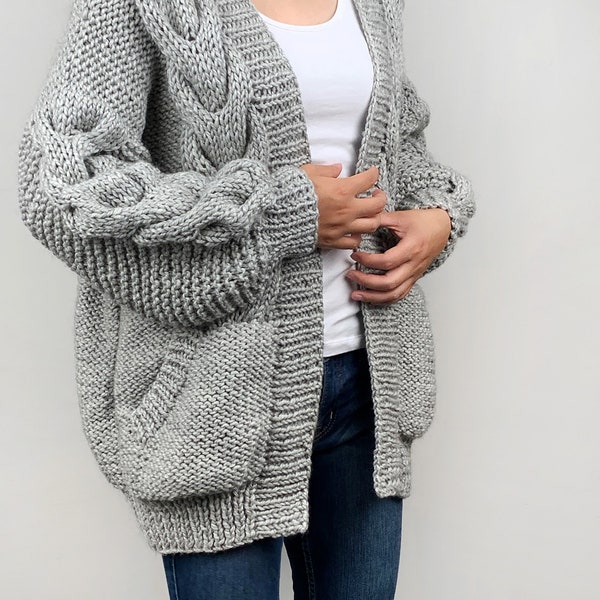 Hand knit oversize woman sweater chunky slouchy grey wool cable knit cardigan