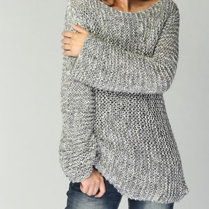 Hand knit woman sweater Eco cotton long sweater light grey