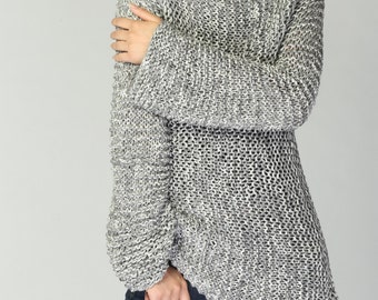 Hand knit woman sweater Eco cotton long sweater light grey