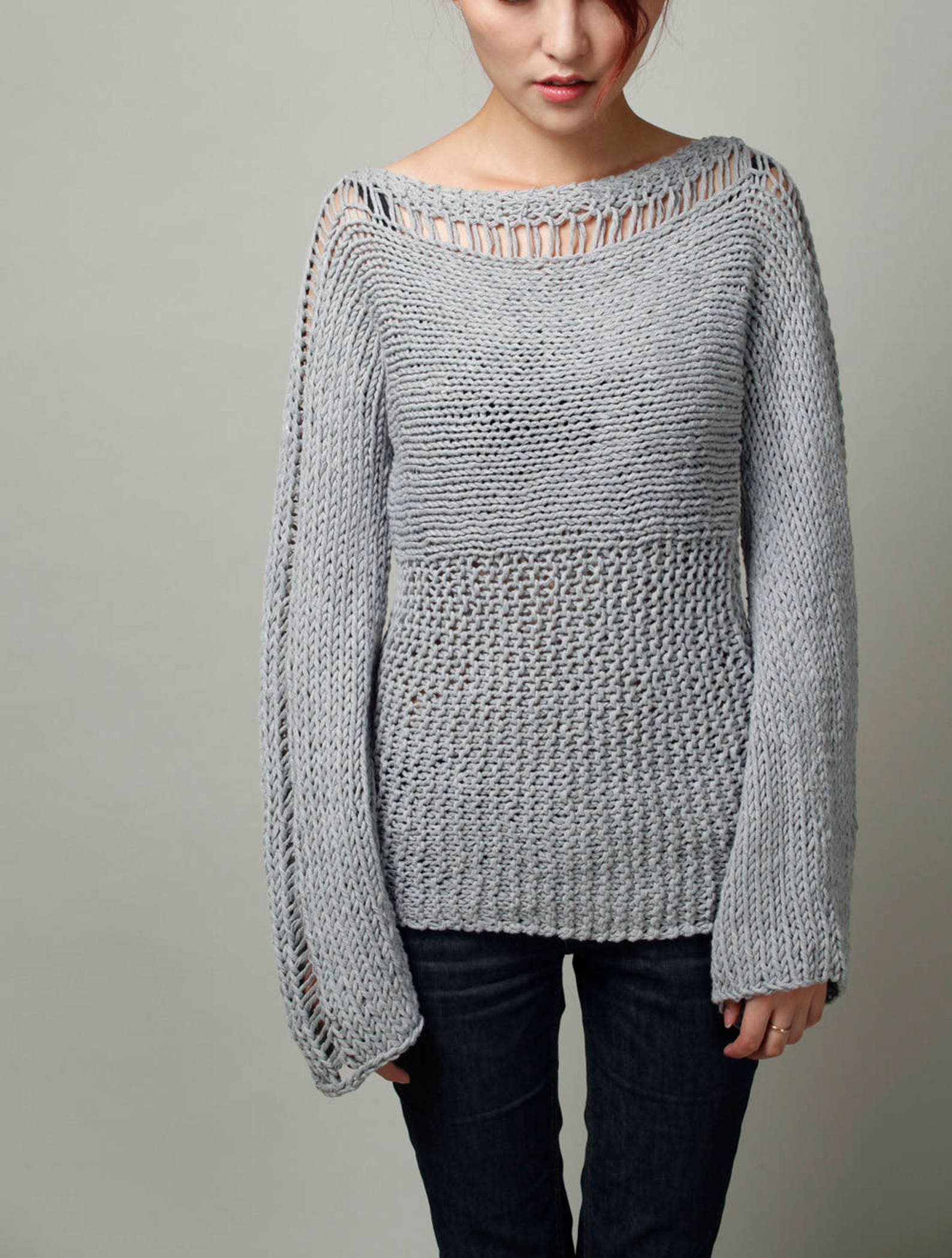 Hand Knit Woman Sweater Eco Cotton Oversized Black Sweater Etsy