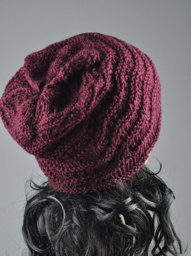 Burgundy Chunky Hat weaving pattern slouchy hat wool hat image 5