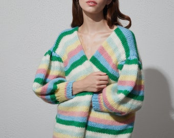 Hand knit woman sweater mohair cardigan color stripe sweater top