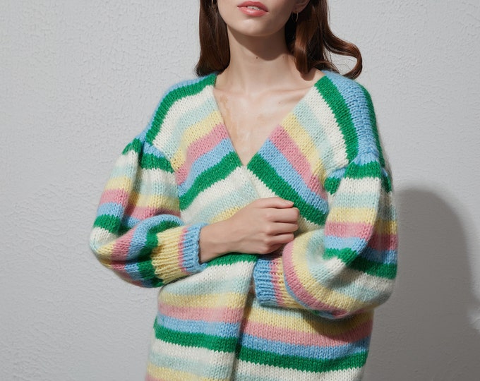 Hand knit woman sweater mohair cardigan color stripe sweater top