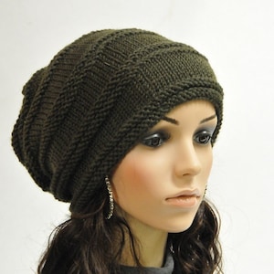 Hand knit woman man unisex slouchy hat Chunky Olive Green Wool Hat