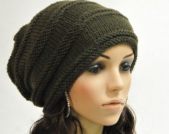 Hand knit woman man unisex slouchy hat Chunky Olive Green Wool Hat