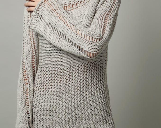 Hand Knit Woman Sweater - Eco Cotton Oversized sweater Light Grey