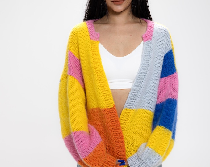 Hand knit woman sweater mohair cardigan color stripe sweater top