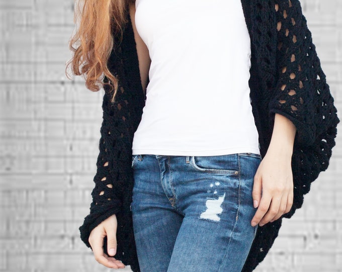 Hand Knit woman sweater Long cardigan black sweater top loose knit wool sweater