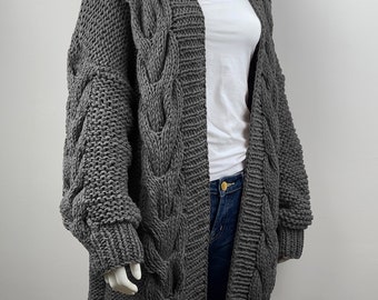 Hand Knit Oversize WOOL Woman Sweater Chunky Slouchy Long Cable