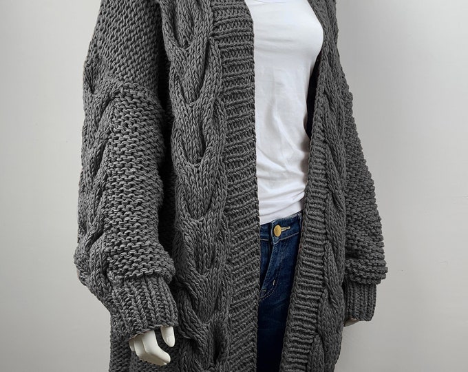Hand knit oversize WOOL woman sweater chunky slouchy long cable knit Charcoal cardigan