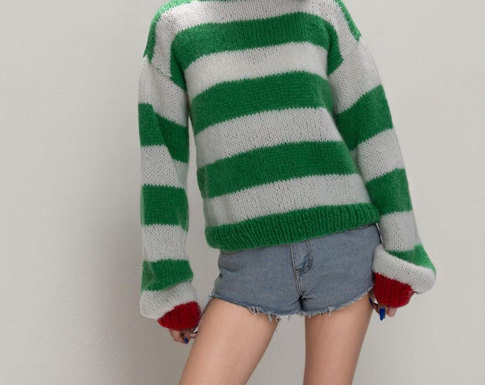 Hand knit woman sweater mohair Jumper knit striped sweater top pullover green stripe