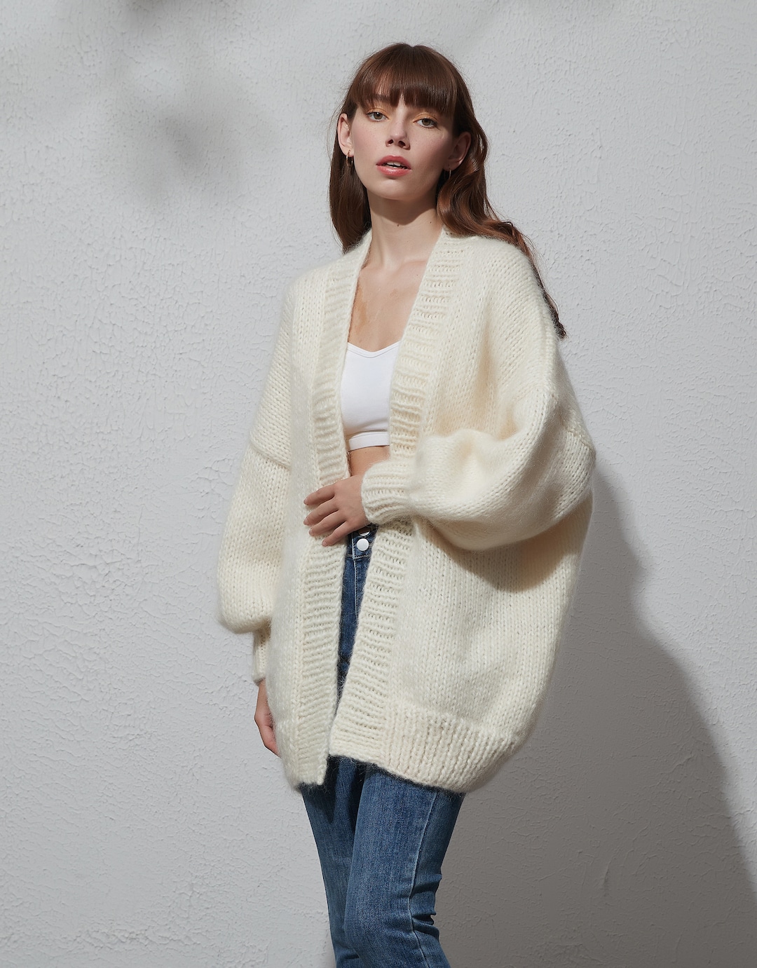 Buy Hand Knit Oversize Woman Sweater Chunky Slouchy Mohair Wool Long  Cardigan White Cream Online in India