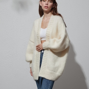 Hand knit oversize woman sweater chunky slouchy Mohair wool long cardigan white cream